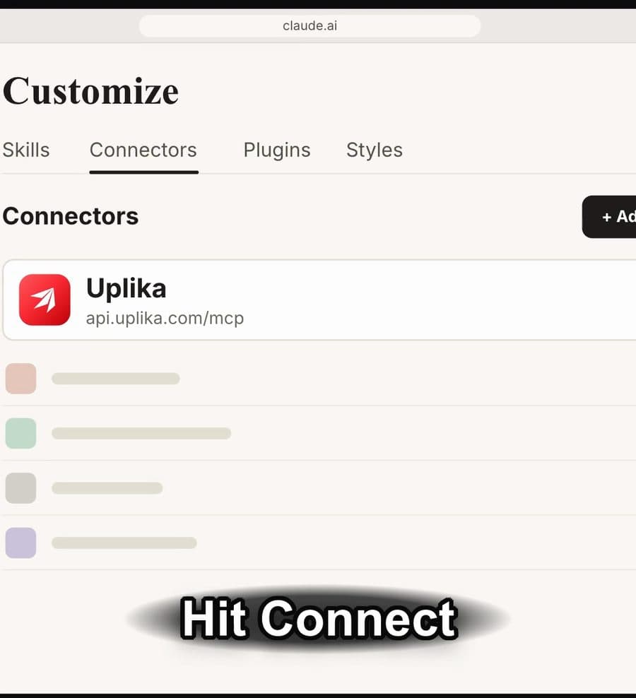 릴스의 한 장면. claude.ai 의 Customize 화면 Connectors 탭에 Uplika, api.uplika.com/mcp 가 있고 아래 자막 「Hit Connect」