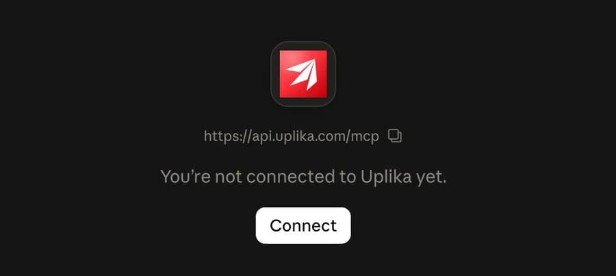 클로드 커넥터 목록의 Uplika 줄. 아직 연결되지 않았다는 표시와 Connect 버튼이 있다