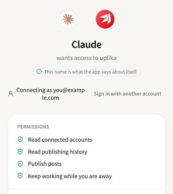 업리카 허용 화면 윗부분. Claude 가 업리카에 접근하려 한다는 제목 아래 연결된 계정 읽기 · 발행 기록 읽기 · 글 발행 · 자리를 비운 동안 계속 작업 네 가지 권한이 있다