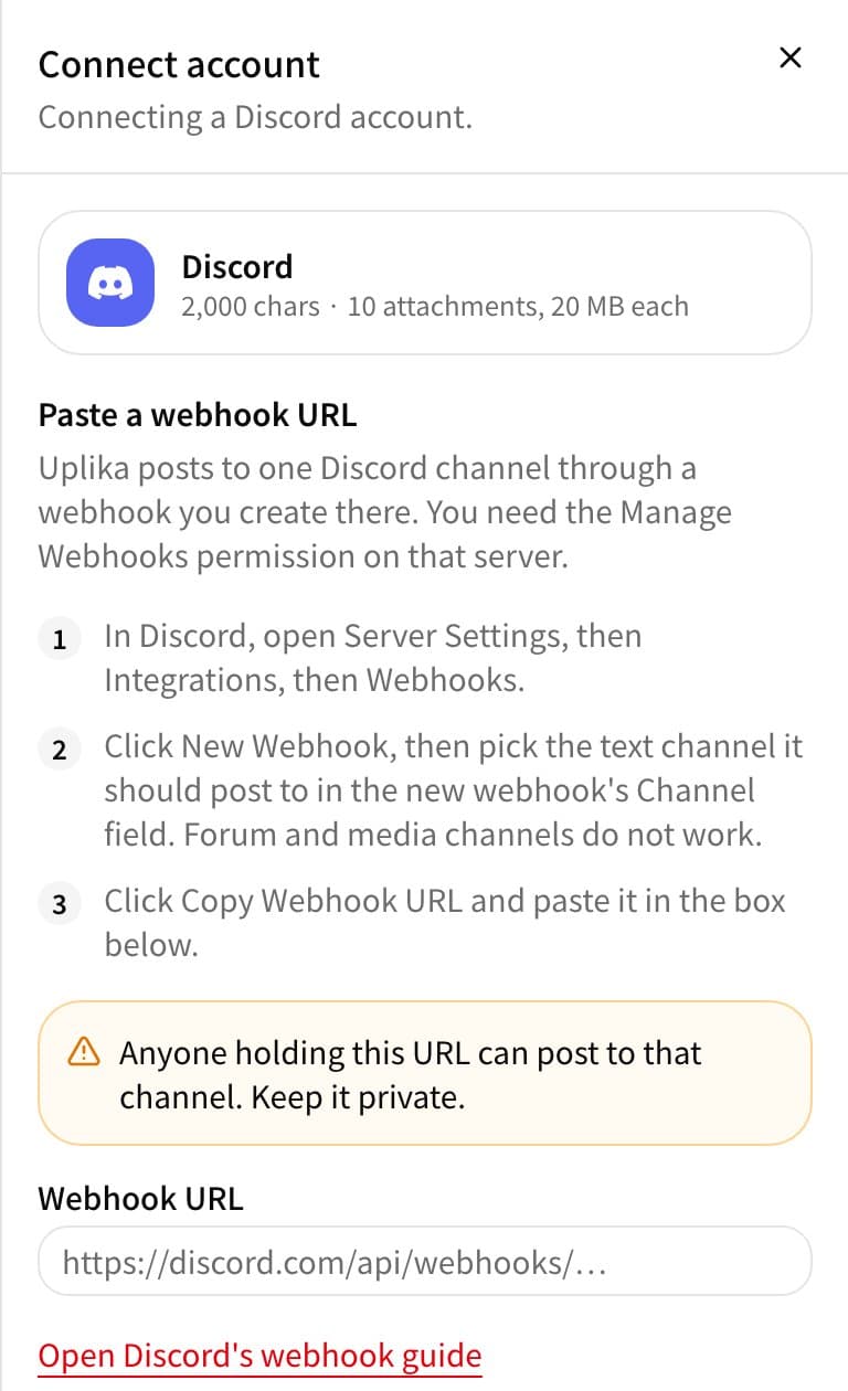 The Connect account sheet in the dashboard with Discord selected, showing three steps for pasting a webhook URL and the URL field
