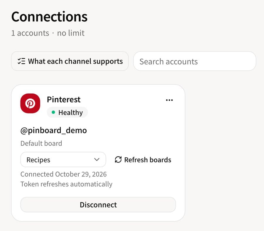 The Pinterest card on the Connections screen: status Healthy, the default board set to Recipes, and a Refresh boards button beside it